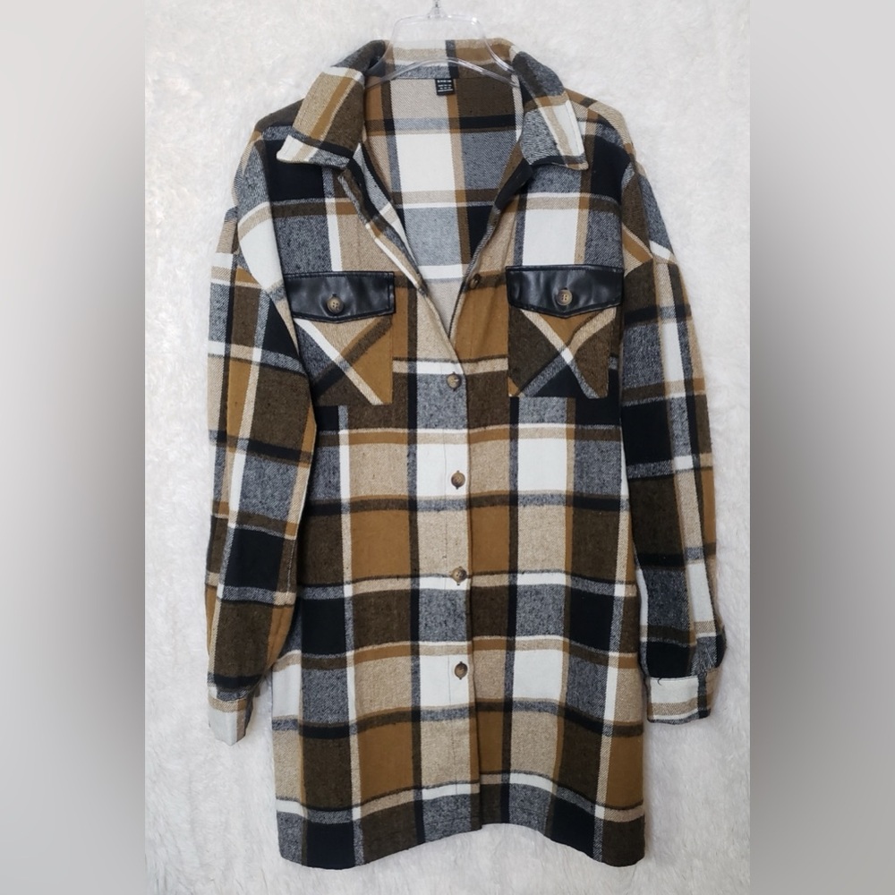 SHEIN Women’s Checkered Shirt Jacket in Black, Brown, and White Size XL - Picture 6 of 8